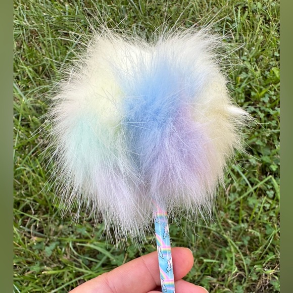 Justice Girls Tie Dye Unicorn Rainbow Pom Pom Fluffy Blue Pen with Tip Cover - Picture 4 of 16